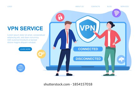 VPN. Virtual private network. Data encryption, IP substitute. Secure VPN connection concept. Cyber security and privacy, personal data protection. Flat cartoon vector illustration. Webste template