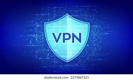 VPN. Virtual private network icon made with binary code. Data encryption, IP substitute. Secure VPN connection. Cyber security and privacy. Matrix background with digits 1.0. Vector Illustration.