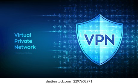 VPN. Virtual private network icon made with binary code. Data encryption, IP substitute. Secure VPN connection. Cyber security and privacy. Matrix background with digits 1.0. Vector Illustration.