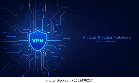 VPN. Virtual private network icon on a circuit board background. Concept of secure VPN connection, cyber security technology and privacy. Vector illustration.