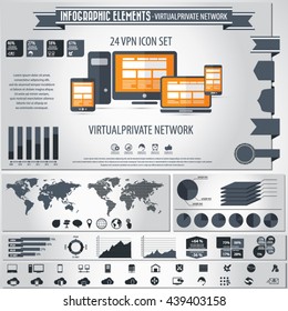VPN - Virtual Private Network infographic elements and icons set.