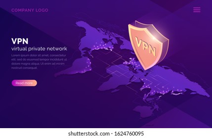 VPN, virtual private network isometric landing page. Data encryption, IP substitute, secure connection concept. Cyber security and privacy, personal info protection 3d vector illustration, web banner