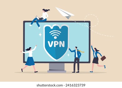 Red privada virtual VPN, protección de seguridad para el acceso a Internet, tecnología o encriptación de cortafuegos para proteger la red informática, la seguridad o la privacidad, personas de negocios con blindaje VPN y computadora.