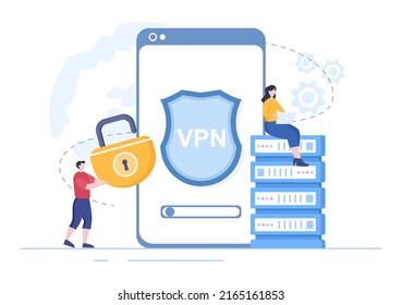 VPN or Virtual Private Network Service Cartoon Vector Illustration to Protect, Cyber Security and Secure his Personal Data in Smartphone or Computer