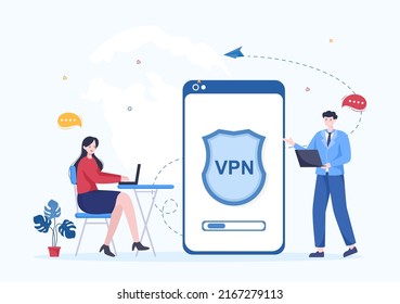 VPN or Virtual Private Network Service Cartoon Vector Illustration to Protect, Cyber Security and Secure his Personal Data in Smartphone or Computer