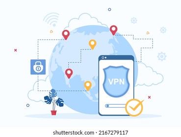 VPN or Virtual Private Network Service Cartoon Vector Illustration to Protect, Cyber Security and Secure his Personal Data in Smartphone or Computer