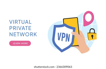 Software VPN Virtual Private Network Service. Seguridad de Internet y cifrado de datos de privacidad de VPN. Ilustración vectorial plana aislada en fondo blanco con iconos para la plantilla de sitio web, página de inicio