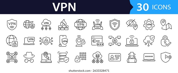 VPN Web Icon Set in Line Style. Collection of Internet security Linear Icons, Including privacy, proxy, firewall, online protection, cybersecurity, privacy, secure connection and more. Editable Stroke