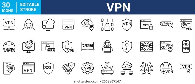 VPN-Websymbol im Linienstil festgelegt. Sammlung von Internet-Sicherheit, einschließlich Datenschutz, Proxy, Firewall, Online-Schutz, Cybersicherheit, Datenschutz, sichere Verbindung und mehr. Bearbeitbarer Strich