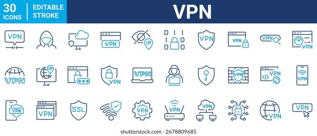 Ícone da Web VPN Definido no Estilo de Linha. Coleção de segurança de Internet, incluindo privacidade, proxy, firewall, proteção online, segurança cibernética, privacidade, conexão segura e muito mais. Traço editável