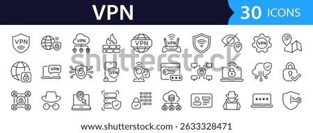 VPN Web Icon Set in Line Style. Collection of Internet security Linear Icons, Including privacy, proxy, firewall, online protection, cybersecurity, privacy, secure connection and more. Editable Stroke
