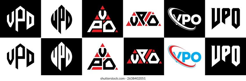 VPO letter logo design in six style. VPO polygon, circle, triangle, hexagon, flat and simple style with black and white color variation letter logo set in one artboard. VPO minimalist and classic logo