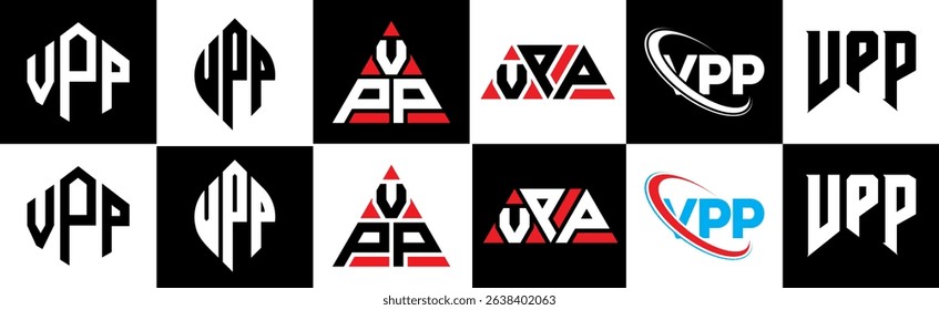 VPP letter logo design in six style. VPP polygon, circle, triangle, hexagon, flat and simple style with black and white color variation letter logo set in one artboard. VPP minimalist and classic logo