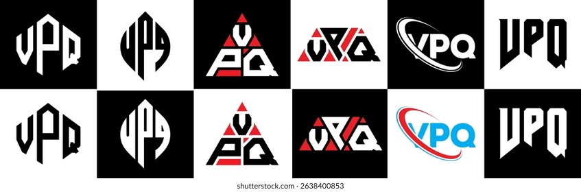 VPQ letter logo design in six style. VPQ polygon, circle, triangle, hexagon, flat and simple style with black and white color variation letter logo set in one artboard. VPQ minimalist and classic logo