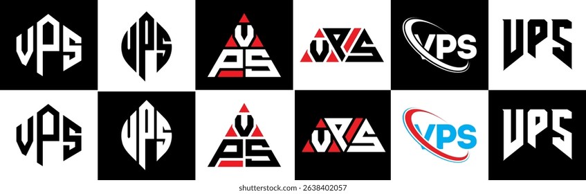 VPS letter logo design in six style. VPS polygon, circle, triangle, hexagon, flat and simple style with black and white color variation letter logo set in one artboard. VPS minimalist and classic logo