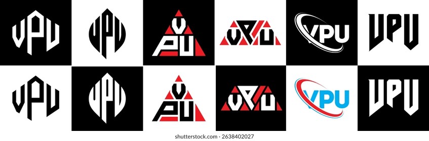 VPU letter logo design in six style. VPU polygon, circle, triangle, hexagon, flat and simple style with black and white color variation letter logo set in one artboard. VPU minimalist and classic logo