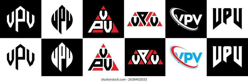VPV letter logo design in six style. VPV polygon, circle, triangle, hexagon, flat and simple style with black and white color variation letter logo set in one artboard. VPV minimalist and classic logo