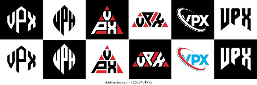 VPX letter logo design in six style. VPX polygon, circle, triangle, hexagon, flat and simple style with black and white color variation letter logo set in one artboard. VPX minimalist and classic logo