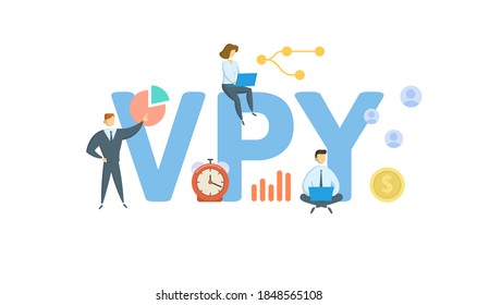 VPY, im Vergleich zum Vorjahr. Konzept mit Schlagwörtern, Menschen und Symbolen. Flache Vektorgrafik. Einzeln auf weißem Hintergrund.