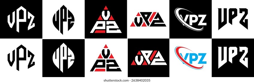VPZ letter logo design in six style. VPZ polygon, circle, triangle, hexagon, flat and simple style with black and white color variation letter logo set in one artboard. VPZ minimalist and classic logo