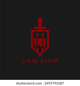 Monograma inicial de VQ para bufete de abogados con Imagen de logo de espada y escudo