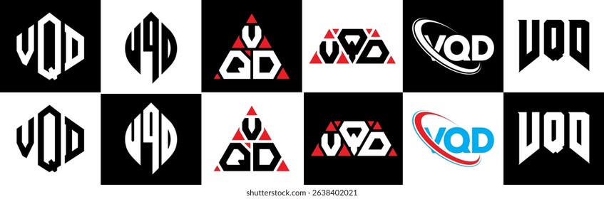 VQD letter logo design in six style. VQD polygon, circle, triangle, hexagon, flat and simple style with black and white color variation letter logo set in one artboard. VQD minimalist and classic logo