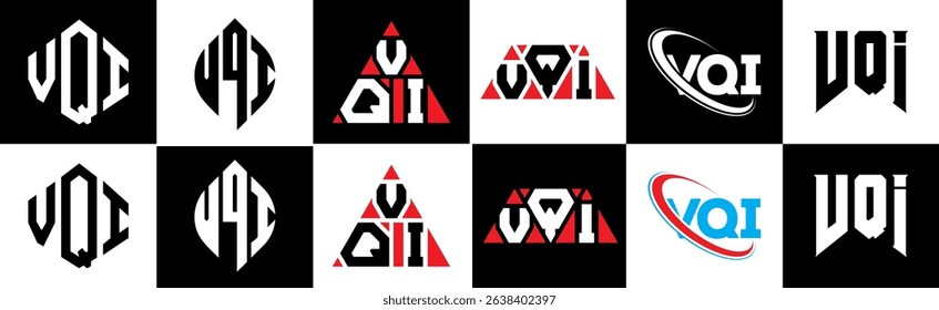 VQI letter logo design in six style. VQI polygon, circle, triangle, hexagon, flat and simple style with black and white color variation letter logo set in one artboard. VQI minimalist and classic logo