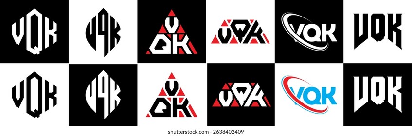 VQK letter logo design in six style. VQK polygon, circle, triangle, hexagon, flat and simple style with black and white color variation letter logo set in one artboard. VQK minimalist and classic logo