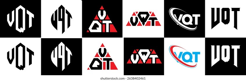 VQT letter logo design in six style. VQT polygon, circle, triangle, hexagon, flat and simple style with black and white color variation letter logo set in one artboard. VQT minimalist and classic logo