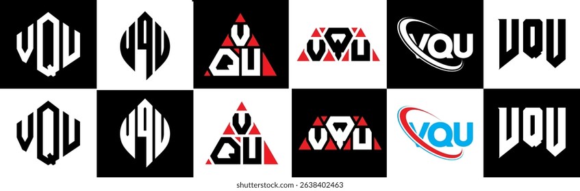 VQU letter logo design in six style. VQU polygon, circle, triangle, hexagon, flat and simple style with black and white color variation letter logo set in one artboard. VQU minimalist and classic logo