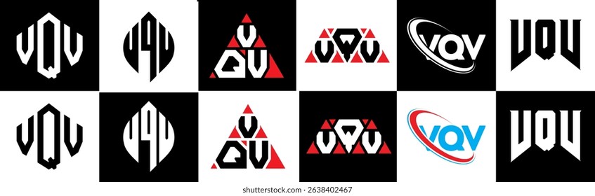 VQV letter logo design in six style. VQV polygon, circle, triangle, hexagon, flat and simple style with black and white color variation letter logo set in one artboard. VQV minimalist and classic logo