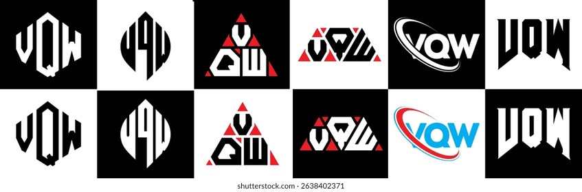 VQW letter logo design in six style. VQW polygon, circle, triangle, hexagon, flat and simple style with black and white color variation letter logo set in one artboard. VQW minimalist and classic logo