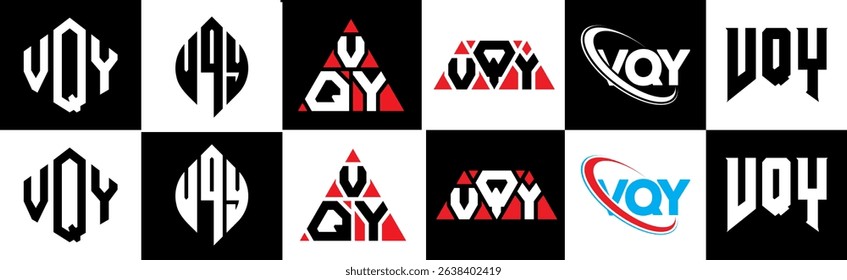 VQY letter logo design in six style. VQY polygon, circle, triangle, hexagon, flat and simple style with black and white color variation letter logo set in one artboard. VQY minimalist and classic logo