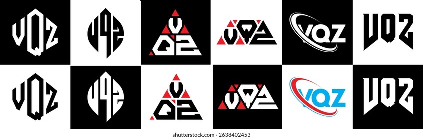VQZ letter logo design in six style. VQZ polygon, circle, triangle, hexagon, flat and simple style with black and white color variation letter logo set in one artboard. VQZ minimalist and classic logo