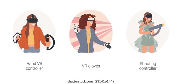 VR accessories isolated cartoon vector illustration set. Hand controller, teenager wearing headset, play game at home, VR gloves, hold shooting controller, augmented reality gaming vector cartoon.