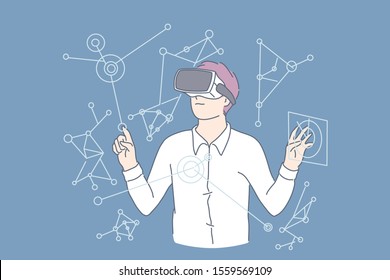 VR, AI, Business, New technology concept. Young smart man businessman uses virtual reality in work. Modern perspective guy clerk is engaged in project. Development of digital devices. Flat vector.