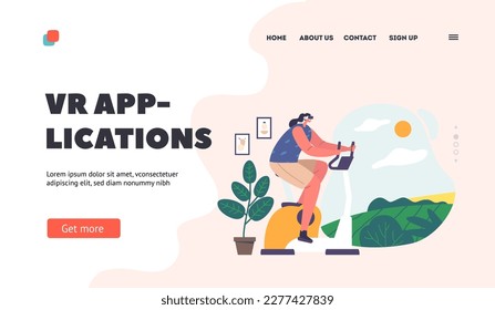 Plantilla de la página de inicio de aplicación VR. Ciclismo de personajes en bicicleta de ejercicio en pedales de realidad virtual a través de paisajes