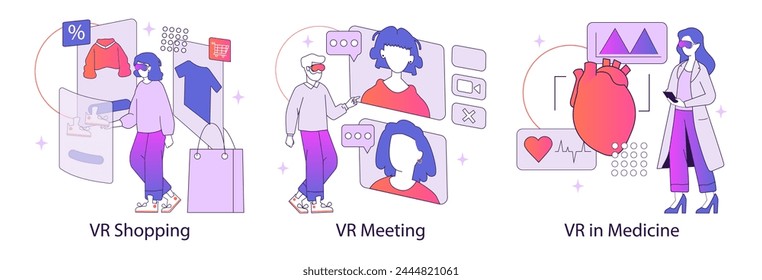 VR Applications in Daily Life set. Exploring virtual reality for shopping, meetings, and medical analysis. Bridging technology and lifestyle seamlessly. Vector illustration