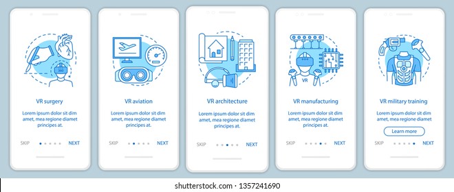 VR applying onboarding mobile app page screen with linear concepts. Virtual surgery, aviation, military, architecture walkthrough steps graphic instructions. UX, UI, GUI vector template with icons