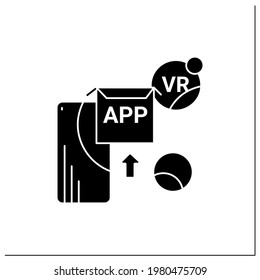 Icono de glifo de aplicaciones VR. Las aplicaciones ayudan a sumergirse en el mundo 3D, que simula digitalmente el entorno virtual.Tecnología moderna.Signo plano relleno. Ilustración vectorial de silueta aislada