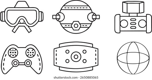 VR e AR conjunto de ícone técnico, inclui fone de ouvido VR, óculos AR, visualização 360, holograma, controlador virtual, ambiente imersivo, design preto plano futurista editável