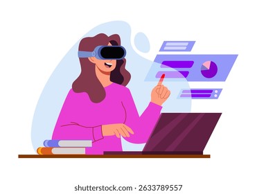 VR and AR technology futuristic concept. Woman wearing virtual reality glasses doing data analysis. Flat vector illustration.