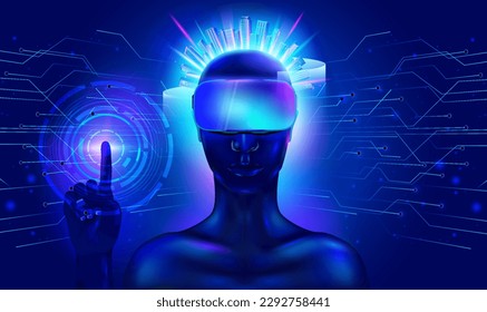 VR and AR technology. Futuristic robot in virtual and augmented reality glasses. Metaverse and cyberspace, world simulation. Modern technologies and innovations. Realistic flat vector illustration