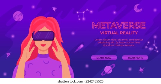 VR and AR technology metaverse banner template. Woman wearing virtual reality headset and headphones. Digital cyber world simulation, gaming, education. Great for landing page, ui, website design