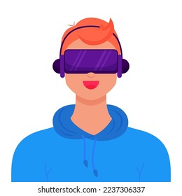 VR and AR technology metaverse concept. Man wearing virtual reality headset and headphones. Digital world simulation, innovation network experience, AR gaming. Futuristic lifestyle. Vector