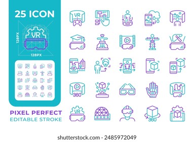 VR, AR two color line icons set. Virtual reality icons. AR app for smartphone. Immersive experience bicolor outline iconset isolated. Duotone pictograms thin linear. Editable stroke