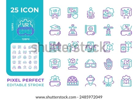 VR, AR two color line icons set. Virtual reality icons. AR app for smartphone. Immersive experience bicolor outline iconset isolated. Duotone pictograms thin linear. Editable stroke