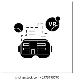 Vr architecture glyph icon.Virtual reality application uses at various stages in design process.Creating different buildings.Modern technology.Filled flat sign. Isolated silhouette vector illustration