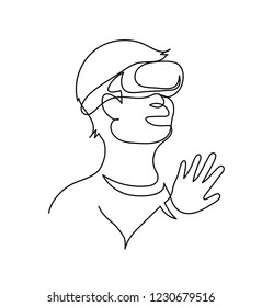 VR art. Continuous one line drawing Man in glasses device virtual reality. Technology trend