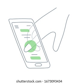 VR and augmented reality concept, UX design, the interaction of the user and the phone. Human finger penetrates through the phone's screen. Flat line vector icon.